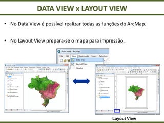 DATA VIEW x LAYOUT VIEW
Layout View
• No Data View é possível realizar todas as funções do ArcMap.
• No Layout View prepara-se o mapa para impressão.
 
