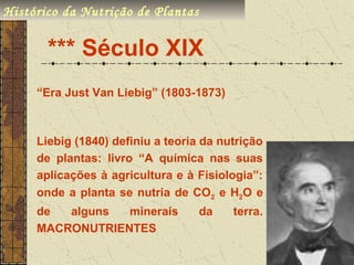 Histórico da Nutrição de Plantas

       *** Século XIX
     “Era Just Van Liebig” (1803-1873)



     Liebig (1840) definiu a teoria da nutrição
     de plantas: livro “A química nas suas
     aplicações à agricultura e à Fisiologia”:
     onde a planta se nutria de CO2 e H2O e
     de  alguns  minerais          da    terra.
     MACRONUTRIENTES
 