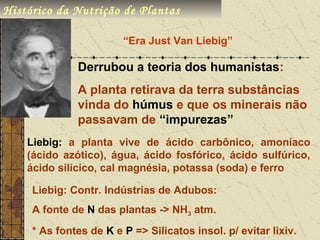 Histórico da Nutrição de Plantas

                        “Era Just Van Liebig”

              Derrubou a teoria dos humanistas:
              A planta retirava da terra substâncias
              vinda do húmus e que os minerais não
              passavam de “impurezas”
    Liebig: a planta vive de ácido carbônico, amoníaco
    (ácido azótico), água, ácido fosfórico, ácido sulfúrico,
    ácido silícico, cal magnésia, potassa (soda) e ferro

     Liebig: Contr. Indústrias de Adubos:
     A fonte de N das plantas -> NH3 atm.
     * As fontes de K e P => Silicatos insol. p/ evitar lixiv.
 