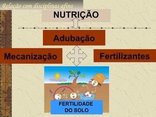 Relação com disciplinas afins
                     NUTRIÇÃO

                     Adubação

Mecanização                          Fertilizantes




                       FERTILIDADE
                         DO SOLO
 