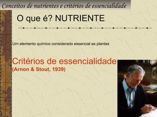 Conceitos de nutrientes e critérios de essencialidade
      O que é? NUTRIENTE

    Um elemento químico considerado essencial as plantas



    Critérios de essencialidade
    (Arnon & Stout, 1939)
 