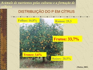 Acúmulo de nutrientes pelas culturas e a formação de
colheita
            DISTRIBUIÇÃO DO P EM CÍTRUS

            Folhas: 16,8%             Ramos: 25,3




                                     Frutos: 33,7%


               Tronco: 3,6%
                                    Raízes: 20,5%

                                                       (Mattos, 2003)
 