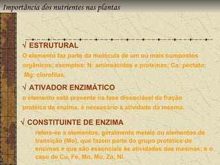 Importância dos nutrientes nas plantas



      √ ESTRUTURAL
      O elemento faz parte da molécula de um ou mais compostos
      orgânicos; exemplos: N: aminoácidos e proteínas; Ca: pectato;
       Mg: clorofilas.

      √ ATIVADOR ENZIMÁTICO
      o elemento está presente na fase dissociável da fração
      protéica da enzima, é necessário à atividade da mesma.

     √ CONSTITUINTE DE ENZIMA
           refere-se a elementos, geralmente metais ou elementos de
           transição (Mo), que fazem parte do grupo protético de
           enzimas e que são essenciais às atividades das mesmas; é o
           caso de Cu, Fe, Mn, Mo, Zn, Ni.
 
