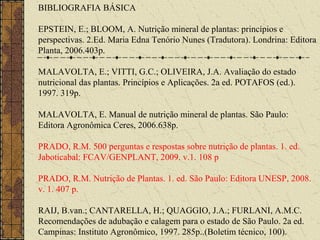 BIBLIOGRAFIA BÁSICA

EPSTEIN, E.; BLOOM, A. Nutrição mineral de plantas: princípios e
perspectivas. 2.Ed. Maria Edna Tenório Nunes (Tradutora). Londrina: Editora
Planta, 2006.403p.

MALAVOLTA, E.; VITTI, G.C.; OLIVEIRA, J.A. Avaliação do estado
nutricional das plantas. Princípios e Aplicações. 2a ed. POTAFOS (ed.).
1997. 319p.

MALAVOLTA, E. Manual de nutrição mineral de plantas. São Paulo:
Editora Agronômica Ceres, 2006.638p.

PRADO, R.M. 500 perguntas e respostas sobre nutrição de plantas. 1. ed.
Jaboticabal: FCAV/GENPLANT, 2009. v.1. 108 p

PRADO, R.M. Nutrição de Plantas. 1. ed. São Paulo: Editora UNESP, 2008.
v. 1. 407 p.

RAIJ, B.van.; CANTARELLA, H.; QUAGGIO, J.A.; FURLANI, A.M.C.
Recomendações de adubação e calagem para o estado de São Paulo. 2a ed.
Campinas: Instituto Agronômico, 1997. 285p..(Boletim técnico, 100).
 