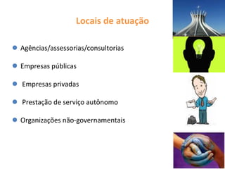 Locais de atuação

 Agências/assessorias/consultorias

 Empresas públicas

 Empresas privadas

 Prestação de serviço autônomo

 Organizações não-governamentais
 
