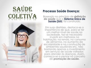 Processo Saúde Doença:
Baseado no princípio de definição
de saúde que o Sistema Único de
Saúde (SUS) foi construído.
Em suas diretrizes, destaca-se a
importância de que, para se ter
um melhor nível de saúde na
sociedade, faz-se necessário
investir em melhorias na
habitação, na renda, no consumo
de alimentos, no aumento da
escolaridade e na construção de
ambientes saudáveis etc, não
bastando apenas o investimento
em serviços de saúde voltados
para atender às doenças. Assim,
começa-se a pensar no conceito
de promoção da saúde.
 