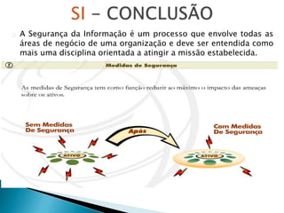 A Segurança da Informação é um processo que envolve todas as
áreas de negócio de uma organização e deve ser entendida como
mais uma disciplina orientada a atingir a missão estabelecida.
 