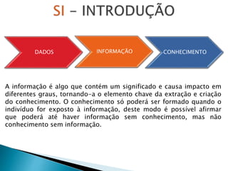DADOS INFORMAÇÃO CONHECIMENTO
A informação é algo que contém um significado e causa impacto em
diferentes graus, tornando-a o elemento chave da extração e criação
do conhecimento. O conhecimento só poderá ser formado quando o
indivíduo for exposto à informação, deste modo é possível afirmar
que poderá até haver informação sem conhecimento, mas não
conhecimento sem informação.
 