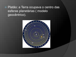  Platão: a Terra ocupava o centro das
esferas planetárias ( modelo
geocêntrico).
 