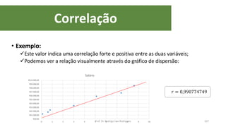 Correlação
107
• Exemplo:
Este valor indica uma correlação forte e positiva entre as duas variáveis;
Podemos ver a relação visualmente através do gráfico de dispersão:
𝑟 = 0,990774749
R$0,00
R$1.000,00
R$2.000,00
R$3.000,00
R$4.000,00
R$5.000,00
R$6.000,00
R$7.000,00
R$8.000,00
R$9.000,00
R$10.000,00
0 1 2 3 4 5 6 7 8 9 10
Salário
Prof. Dr. Rodrigo Lins Rodrigues
 