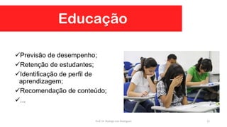 Previsão de desempenho;
Retenção de estudantes;
Identificação de perfil de
aprendizagem;
Recomendação de conteúdo;
...
Educação
12Prof. Dr. Rodrigo Lins Rodrigues
 
