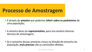 Processo de Amostragem
25
• É através da amostra que podemos inferir sobre os parâmetros de
uma população;
• A amostra deve ser representativa, para isso existem diversas
técnicas de amostragem;
• Se o tamanho dessas amostras cresce na direção do tamanho da
população, mais precisas são as conclusões obtidas;
Prof. Dr. Rodrigo Lins Rodrigues
 