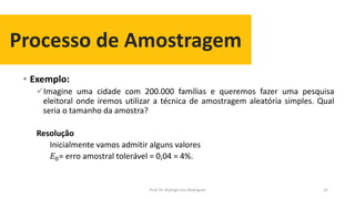 Processo de Amostragem
• Exemplo:
Imagine uma cidade com 200.000 famílias e queremos fazer uma pesquisa
eleitoral onde iremos utilizar a técnica de amostragem aleatória simples. Qual
seria o tamanho da amostra?
Resolução
Inicialmente vamos admitir alguns valores
𝐸0= erro amostral tolerável = 0,04 = 4%.
35Prof. Dr. Rodrigo Lins Rodrigues
 