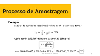 Processo de Amostragem
• Exemplo:
Calculando a primeira aproximação do tamanho da amostra temos:
Agora iremos calcular o tamanho da amostra corrigido:
36Prof. Dr. Rodrigo Lins Rodrigues
 