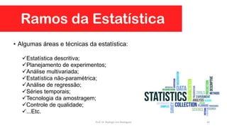 • Algumas áreas e técnicas da estatística:
Estatística descritiva;
Planejamento de experimentos;
Análise multivariada;
Estatística não-paramétrica;
Análise de regressão;
Séries temporais;
Tecnologia da amostragem;
Controle de qualidade;
...Etc.
Ramos da Estatística
44Prof. Dr. Rodrigo Lins Rodrigues
 
