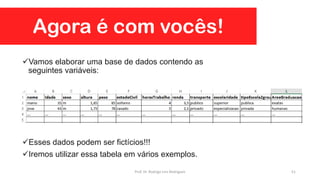 Agora é com vocês!
Vamos elaborar uma base de dados contendo as
seguintes variáveis:
Esses dados podem ser fictícios!!!
Iremos utilizar essa tabela em vários exemplos.
51Prof. Dr. Rodrigo Lins Rodrigues
 