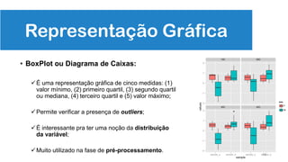 78
Representação Gráfica
• BoxPlot ou Diagrama de Caixas:
É uma representação gráfica de cinco medidas: (1)
valor mínimo, (2) primeiro quartil, (3) segundo quartil
ou mediana, (4) terceiro quartil e (5) valor máximo;
Permite verificar a presença de outliers;
É interessante pra ter uma noção da distribuição
da variável;
Muito utilizado na fase de pré-processamento.
 