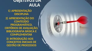 OBJETIVOS DA
AULA
1) APRESENTAÇÃO
DISCIPLINA
2) APRESENTAÇÃO DO
CONTEÚDO
PROGRAMÁTICO,
CRITÉRIOS DE AVALIAÇÃO,
BIBLIOGRAFIA BÁSICA E
COMPLEMENTAR
3) INTRODUÇÃO AOS
CONCEITOS INICIAIS DE
GESTÃO DE PROCESSOS
 