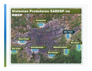 Cantareira 
Baixo Cotia 
Alto Cotia 
Guarapiranga 
Alto Tietê 
Ribeirão Estiva 
Rio Grande 
Rio Claro 
Sistemas Produtores SABESP na 
RMSP 
 