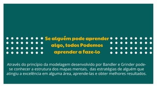 Através do princípio da modelagem desenvolvido por Bandler e Grinder pode-
se conhecer a estrutura dos mapas mentais, das estratégias de alguém que
atingiu a excelência em alguma área, aprende-las e obter melhores resultados.
Se alguém pode aprender
algo, todos Podemos
aprender a faze-lo
 
