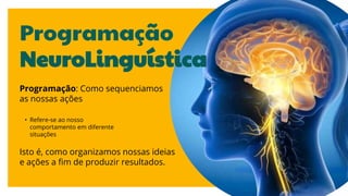 Programação
NeuroLinguística
Programação: Como sequenciamos
as nossas ações
• Refere-se ao nosso
comportamento em diferente
situações
Isto é, como organizamos nossas ideias
e ações a fim de produzir resultados.
 