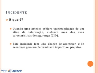 IN C IDE N TE
 O que é?
⚫ Quando uma ameaça explora vulnerabilidade de um
ativo de informação, violando uma das suas
características de segurança (CID).
⚫ Este incidente tem uma chance de acontecer, e se
acontecer gera um determinado impacto ou prejuízo.
 