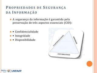 PROPRIEDADES D E SE G U R A N Ç A
DA INFORMAÇÃO
⚫ A segurança da informação é garantida pela
preservação de três aspectos essenciais (CID):
⚫ • Confidencialidade
⚫ • Integridade
⚫ • Disponibilidade
 