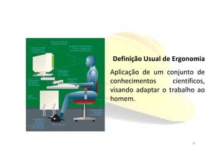 Definição Usual de Ergonomia
Aplicação de um conjunto de
conhecimentos científicos,conhecimentos científicos,
visando adaptar o trabalho ao
homem.
14
 