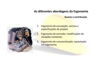1. Ergonomia de concepção: normas e
especificações de projeto.
2. Ergonomia de correção: modificações de
As diferentes abordagens da Ergonomia
Quanto a contribuição
2. Ergonomia de correção: modificações de
situações existentes.
3. Ergonomia de conscientização: capacitação
em ergonomia.
 