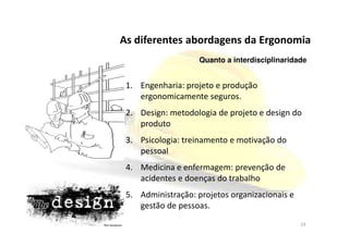 1. Engenharia: projeto e produção
ergonomicamente seguros.
2. Design: metodologia de projeto e design do
produto
As diferentes abordagens da Ergonomia
Quanto a interdisciplinaridade
produto
3. Psicologia: treinamento e motivação do
pessoal
4. Medicina e enfermagem: prevenção de
acidentes e doenças do trabalho
5. Administração: projetos organizacionais e
gestão de pessoas.
24
 