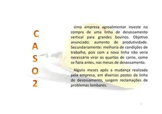 Caso 2
Uma empresa agroalimentar investe na
compra de uma linha de desossamento
vertical para grandes bovinos. Objetivo
anunciado: aumento de produtividade.
Secundariamente: melhoria de condições de
trabalho, pois com a nova linha não seria
necessário virar os quartos de carne, comonecessário virar os quartos de carne, como
se fazia antes, nas mesas de desossamento.
Alguns meses após a mudança realizada
pela empresa, em diversos postos da linha
de desossamento, surgem reclamações de
problemas lombares.
5
 