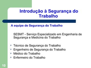 Introdução à Segurança do
Trabalho
A equipe de Segurança do Trabalho
SESMT - Serviço Especializado em Engenharia de
Segurança e Medicina do Trabalho
 Técnico de Segurança do Trabalho
 Engenheiro de Segurança do Trabalho
 Médico do Trabalho
 Enfermeiro do Trabalho
10
 