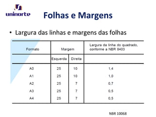 Folhas e Margens
• Largura das linhas e margens das folhas
NBR 10068
 