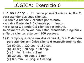 LÓGICA: Exercício 6
Fila no Banco – Um banco possui 3 caixas, A, B e C,
para atender aos seus clientes.
• o caixa A atende 2 clientes por minuto,
• o caixa B atende 1,5 clientes por minuto,
• e o caixa C atende 0,5 clientes por minuto.
Inicialmente os caixas não estão atendendo ninguém e
a fila de clientes está com 100 pessoas.
1) O tempo que cada um dos caixas A, B e C demora
para atender um único cliente é respectivamente de:
(a) 60 seg., 120 seg. e 180 seg.
(b) 30 seg., 20 seg. e 60 seg.
(c) 1 min., 2 min. e 2 min.
(d) 30 seg., 40 seg. e 2 min.
(e) 0,5 min., 20 seg. e 120 seg.
 