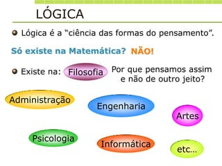 Existe na:
Lógica é a “ciência das formas do pensamento”.
Só existe na Matemática?
Engenharia
Administração
Psicologia
Artes
Informática
Por que pensamos assim
e não de outro jeito?
Filosofia
etc…
NÃO!
LÓGICA
 