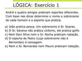 André e quatro amigos praticam esportes diferentes.
Com base nas dicas determine o nome e sobrenome
de cada homem e o esporte que pratica.
a) João pratica pesca. Um sobrenome é Sr. Soares.
b) O Sr. Saraiva não pratica ciclismo, ele pratica golfe.
c) Nem Davi Silva nem o Sr. Rocha praticam natação.
d) O esporte de Pedro (cujo sobrenome não é
Bernardes) é canoagem.
e) Nem o Sr. Bernardes nem Mauro praticam natação.
LÓGICA: Exercício 1
 