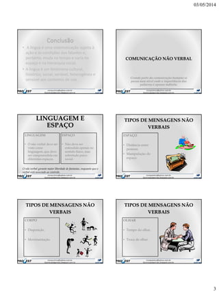 03/05/2014
3
Conclusão
• A língua é uma sistematização sujeita à
ação e às condições dos falantes e,
portanto, muda no tempo e varia no
espaço e na hierarquia social.
• A língua é um fenômeno cultural,
histórico, social, variável, heterogêneo e
sensível aos contextos de uso.
COMUNICAÇÃO NÃO VERBAL
Grande parte da comunicação humana se
passa num nível onde a importância das
palavras é apenas indireta.
LINGUAGEM E
ESPAÇO
LINGUAGEM
• O não verbal deve ser
visto como
linguagem, que deve
ser compreendida em
diferentes espaços.
ESPAÇO
• Não deve ser
entendido apenas no
sentido físico, mas
sobretudo psico-
social.
O não verbal garante maior liberdade de fantasias, enquanto que o
verbal está associado ao controle.
TIPOS DE MENSAGENS NÃO
VERBAIS
ESPAÇO
• Distância entre
pessoas.
• Manipulação do
espaço.
TIPOS DE MENSAGENS NÃO
VERBAIS
CORPO
• Disposição.
• Movimentação.
TIPOS DE MENSAGENS NÃO
VERBAIS
OLHAR
• Tempo do olhar.
• Troca de olhar.
 