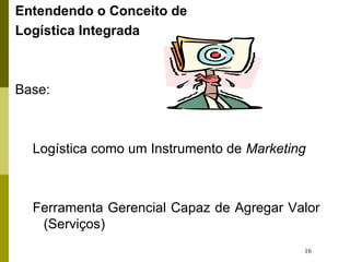 16
Entendendo o Conceito de
Logística Integrada
Base:
Logística como um Instrumento de Marketing
Ferramenta Gerencial Capaz de Agregar Valor
(Serviços)
 