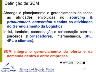 37
Definição de SCM
Abrange o planejamento e gerenciamento de todas
as atividades envolvidas no sourcing &
procurement, conversion e todas as atividades
do Gerenciamento da Logística.
Inclui, também, coordenação e colaboração com os
parceiros (Fornecedores, intermediários, 3PL,
4PL e clientes).
SCM integra o gerenciamento da oferta e da
demanda dentro e entre empresas.
www.cscmp.org
 