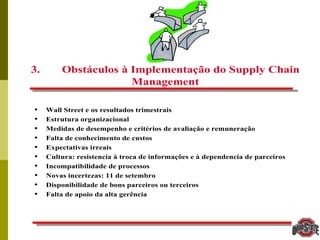 47
3. Obstáculos à Implementação do Supply Chain
Management
• Wall Street e os resultados trimestrais
• Estrutura organizacional
• Medidas de desempenho e critérios de avaliação e remuneração
• Falta de conhecimento de custos
• Expectativas irreais
• Cultura: resistencia à troca de informações e à dependencia de parceiros
• Incompatibilidade de processos
• Novas incertezas: 11 de setembro
• Disponibilidade de bons parceiros ou terceiros
• Falta de apoio da alta gerência
 