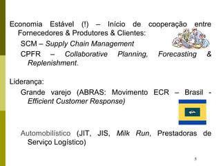 5
Economia Estável (!) – Início de cooperação entre
Fornecedores & Produtores & Clientes:
SCM – Supply Chain Management
CPFR – Collaborative Planning, Forecasting &
Replenishment.
Liderança:
Grande varejo (ABRAS: Movimento ECR – Brasil -
Efficient Customer Response)
Automobilístico (JIT, JIS, Milk Run, Prestadoras de
Serviço Logístico)
 