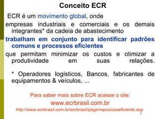 7
ECR é um movimento global, onde
empresas industriais e comerciais e os demais
integrantes* da cadeia de abastecimento
trabalham em conjunto para identificar padrões
comuns e processos eficientes
que permitam minimizar os custos e otimizar a
produtividade em suas relações.
* Operadores logísticos, Bancos, fabricantes de
equipamentos & veículos, ...
Para saber mais sobre ECR acesse o site:
www.ecrbrasil.com.br
http://www.ecrbrasil.com.br/ecrbrasil/page/reposicaoeficiente.asp
Conceito ECR
 