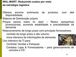 20
WAL-MART: Reduzindo custos por meio
da estratégia logística
Oferece enorme sortimento de produtos, com alta
disponibilidade.
Sistema de Distribuição próprio
Preços baixos todos os dias! – Reduz campanhas
promocionais, aumenta estabilidade e previsibilidade da
demanda
Relacionamento de longo prazo com principais fornecedores:
contrato de longo prazo e alto volume,
troca intensiva de informações de demanda
Uso intensivo da TI para:
Controlar Vendas e Estoques
Contatos Lojas & Fornecedores – para gerenciamento de
veículos e CD
 