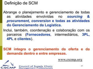 37
Definição de SCM
Abrange o planejamento e gerenciamento de todas
as atividades envolvidas no sourcing &
procurement, conversion e todas as atividades
do Gerenciamento da Logística.
Inclui, também, coordenação e colaboração com os
parceiros (Fornecedores, intermediários, 3PL,
4PL e clientes).
SCM integra o gerenciamento da oferta e da
demanda dentro e entre empresas.
www.cscmp.org
 