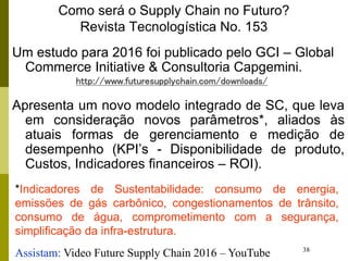 38
Como será o Supply Chain no Futuro?
Revista Tecnologística No. 153
Um estudo para 2016 foi publicado pelo GCI – Global
Commerce Initiative & Consultoria Capgemini.
Apresenta um novo modelo integrado de SC, que leva
em consideração novos parâmetros*, aliados às
atuais formas de gerenciamento e medição de
desempenho (KPI’s - Disponibilidade de produto,
Custos, Indicadores financeiros – ROI).
http://www.futuresupplychain.com/downloads/
*Indicadores de Sustentabilidade: consumo de energia,
emissões de gás carbônico, congestionamentos de trânsito,
consumo de água, comprometimento com a segurança,
simplificação da infra-estrutura.
Assistam: Video Future Supply Chain 2016 – YouTube
 