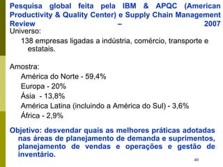 40
Pesquisa global feita pela IBM & APQC (American
Productivity & Quality Center) e Supply Chain Management
Review – 2007
Universo:
138 empresas ligadas a indústria, comércio, transporte e
estatais.
Amostra:
América do Norte - 59,4%
Europa - 20%
Ásia - 13,8%
América Latina (incluindo a América do Sul) - 3,6%
África - 2,9%
Objetivo: desvendar quais as melhores práticas adotadas
nas áreas de planejamento de demanda e suprimentos,
planejamento de vendas e operações e gestão de
inventário.
 