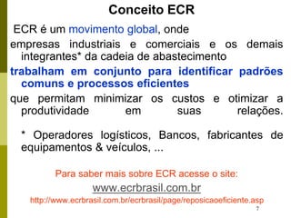 7
ECR é um movimento global, onde
empresas industriais e comerciais e os demais
integrantes* da cadeia de abastecimento
trabalham em conjunto para identificar padrões
comuns e processos eficientes
que permitam minimizar os custos e otimizar a
produtividade em suas relações.
* Operadores logísticos, Bancos, fabricantes de
equipamentos & veículos, ...
Para saber mais sobre ECR acesse o site:
www.ecrbrasil.com.br
http://www.ecrbrasil.com.br/ecrbrasil/page/reposicaoeficiente.asp
Conceito ECR
 