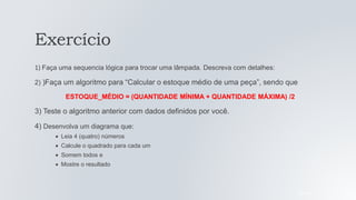 Exercício
1) Faça uma sequencia lógica para trocar uma lâmpada. Descreva com detalhes:
2) )Faça um algoritmo para “Calcular o estoque médio de uma peça”, sendo que
ESTOQUE_MÉDIO = (QUANTIDADE MÍNIMA + QUANTIDADE MÁXIMA) /2
3) Teste o algoritmo anterior com dados definidos por você.
4) Desenvolva um diagrama que:
Leia 4 (quatro) números
Calcule o quadrado para cada um
Somem todos e
Mostre o resultado
05/04/2022
 