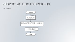 INICIO
N1,N2,N3,N4
SOMA_QUAD=N1^2+N2~2+N3^2+N4^
4
SOMA_QUAD
FIM
4) QUESTÃO
RESPOSTAS DOS EXERCÍCIOS
 