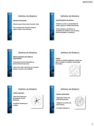 06/07/2011
5
Defeitos da Madeira
MADEIRA ENCURVADA
•Árvores cujos troncos não cresceram retas.
•Se o comprimento for pouco extenso,
pode-se utilizar como barrotes.
Defeitos da Madeira
EXCENTRICIDADE DA MEDULA
•Devido ao vento e a proximidade de
rochas, aparece a medula descentrada.
•Se for pequena, não diminui as
qualidades da madeiras. Caso contrário,
reduz elasticidade e resistência.
Defeitos da Madeira
IRREGULARIDADES DOS ANÉIS DE
CRESCIMENTO
•Causado por bruscas alterações no
desenvolvimento da árvore
•Tem menos valor comercial, por ser pouco
elástica e se partir com facilidade
Defeitos da Madeira
FENDAS
•Rachas no sentido longitudinal, devido aos
gelos e também à insolação e dessecação
da madeira.
Defeitos da Madeira
FENDAS ANELARES
•São rachas largas que
desintegram os raios
Medulares
•Inutilizam totalmente a
madeira
Defeitos da Madeira
FENDAS ACEBOLADAS
•Separação circular dos
anéis decrescimento
•Originam-se do frio e do
vento intenso.
•A madeira desseca-se
 